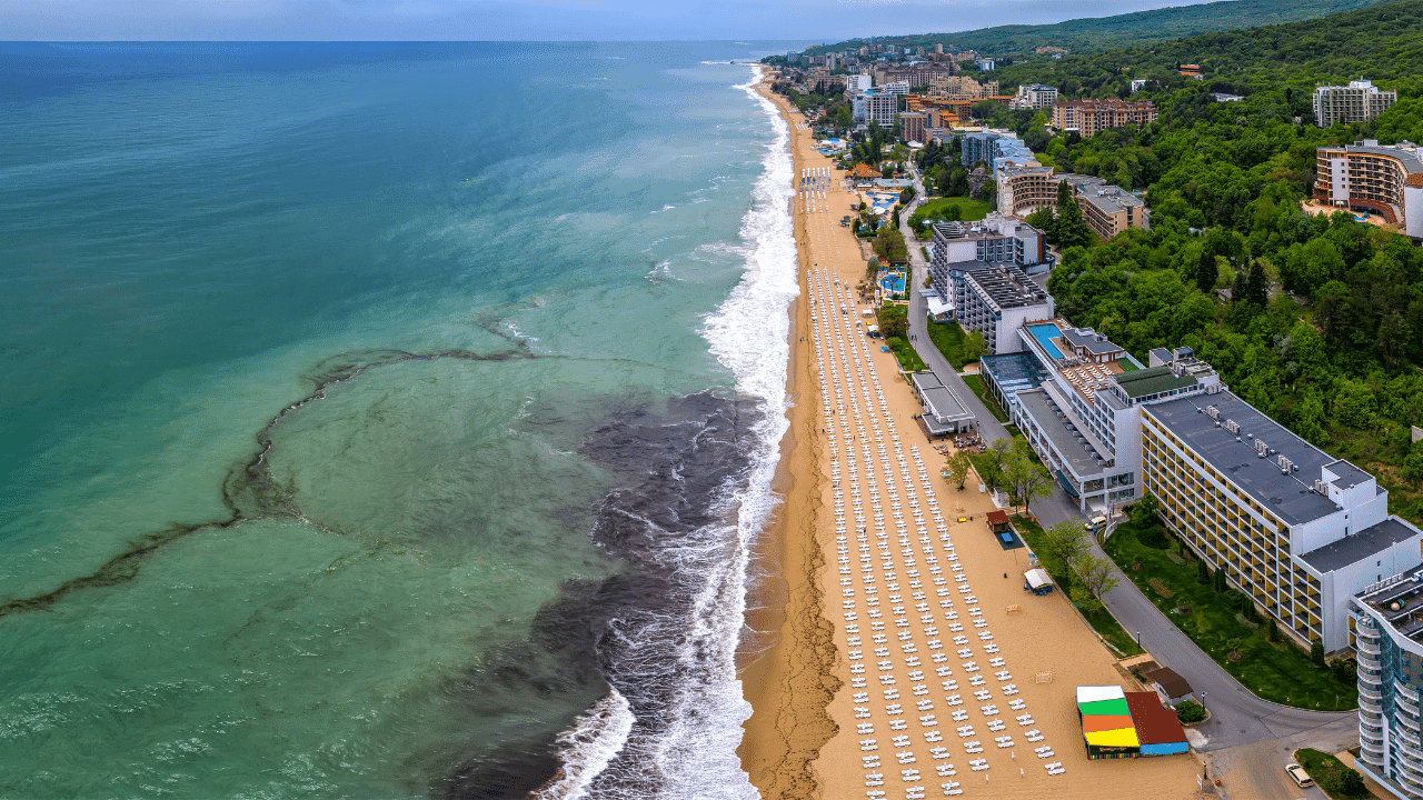 Drone perspektifinden cennet plajı, Altın Kumlar, Bulgaristan