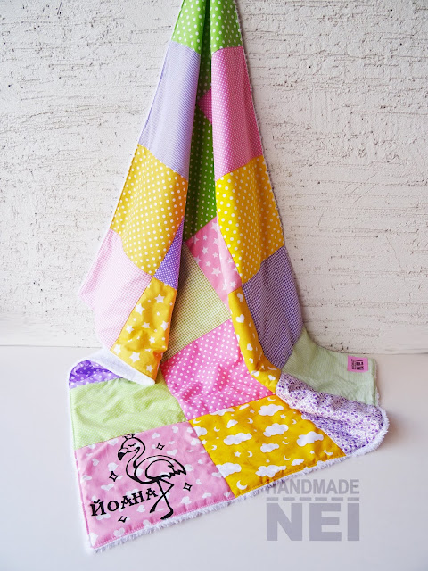 Handmade Nel: Пачуърк одеяло с полар за бебе "Жълто, зелено, розово и лилаво"