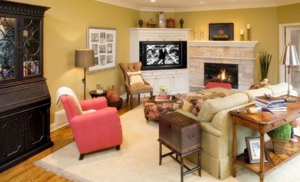 Living Room Setup With Corner Fireplace 