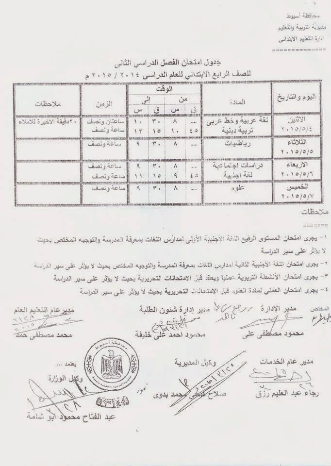 جدول امتحانات الترم الثانى للشهادة الثانويه والاعداديه والابتدائيه 2015 أخر العام (محافظة اسيوط)