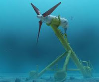 An underwater wind turbine installed in the ocean. The turbine has three blades that rotate due to the flow of water. The turbine is connected to a cable that leads to a power plant on land.