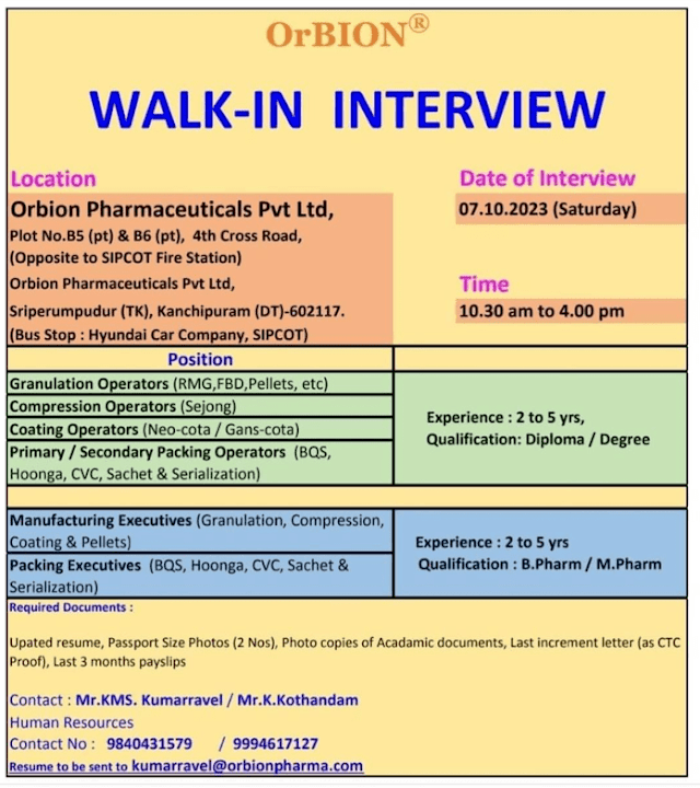 OrBION Pharmaceuticals | Walk-in interview for Manufacturing & Packing on 7th Oct 2023