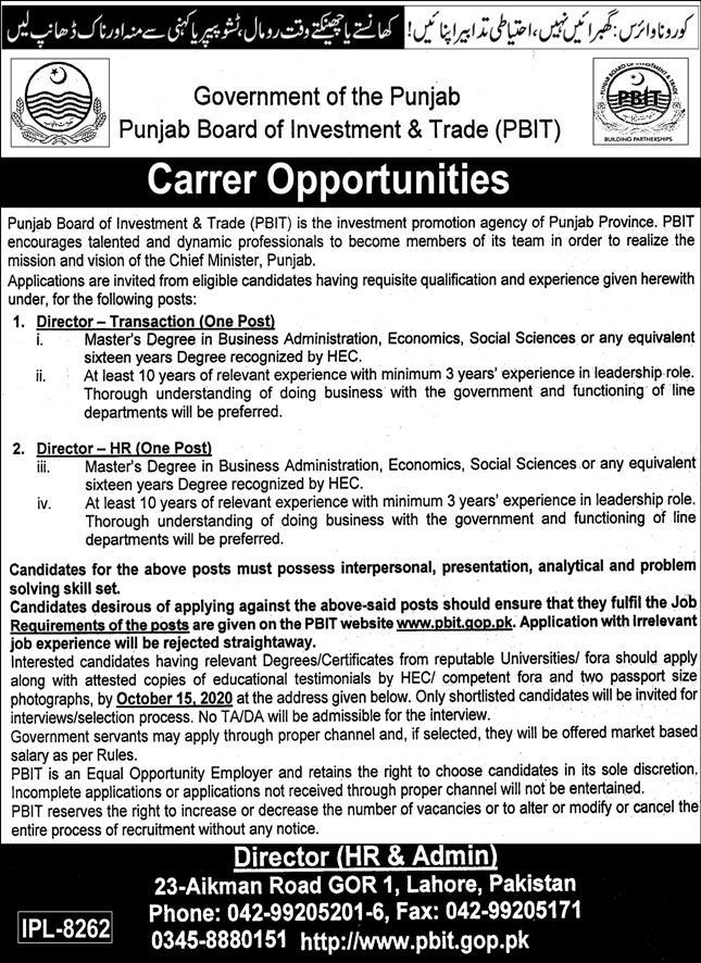 Punjab Board of Investment and Trade PBIT Jobs September 2020