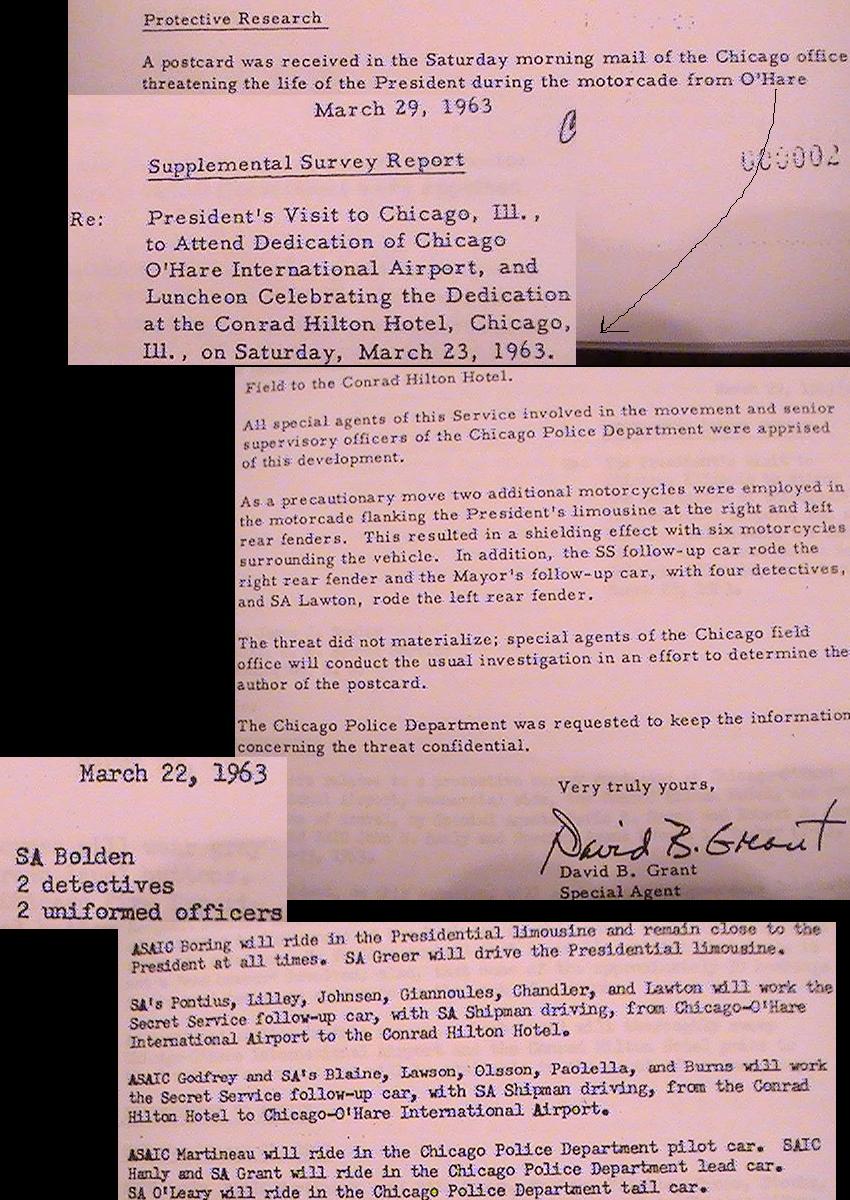 3/23/63 Chicago trip: agents on limo, cycles, threat, Bolden/ Blaine