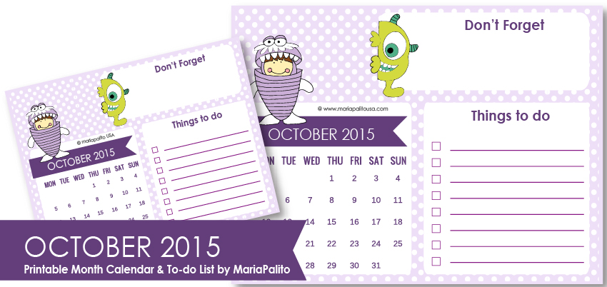 I Love Kawaii Cute Monster Inc October 15 Free Printable Monthly Calendar