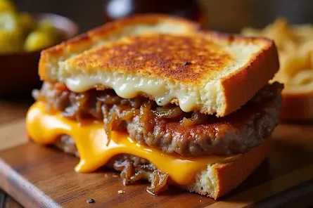 Golden Patty Melt with melted cheese, onions, and secret sauce."
