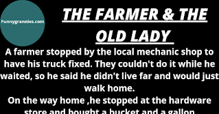 A farmer stopped by the local mechanic shop to have his truck fixed. They couldn't do it while he waited, so he said he didn't live far and would just walk home.    On the way home ,he stopped at the hardware store and bought a bucket and a gallon of paint. He then stopped by the feed store and picked up a couple of chickens and a goose. However, struggling outside the store he now had a problem - how to carry his entire purchases home.    While he was scratching his head he was approached by a little old lady who told him she was lost. She asked, "Can you tell me how to get to 1603 Mockingbird Lane?" The farmer said, "Well, as a matter of fact, my farm is very close to that house. I would walk you there but I can't carry this lot."    The old lady suggested, "Why don't you put the can of paint in the bucket. Carry the bucket in one hand; put a chicken under each arm and carry the goose in your other hand?"    "Why thank you very much," he said and proceeded to walk the old girl home.    On the way ,he says "Let's take my shortcut and go down this alley. We'll be there in no time."    The little old lady looked him over cautiously then said, "I am a lonely widow without a husband to defend me. How do I know that when we get in the alley you won't hold me up against the wall, pull up my skirt, and have your way with me?"    The farmer said, "Gosh lady! I'm carrying a bucket, a gallon of paint, two chickens, and a goose. How in the world could I possibly hold you up against the wall and do that?"    The old lady replied, "Set the goose down, cover him with the bucket, put the paint on top of the bucket, and I'll hold the chickens. Funnygrannies.com