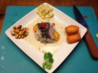 White fish, peppers, sweet potato, salad, appetizer, side dish  