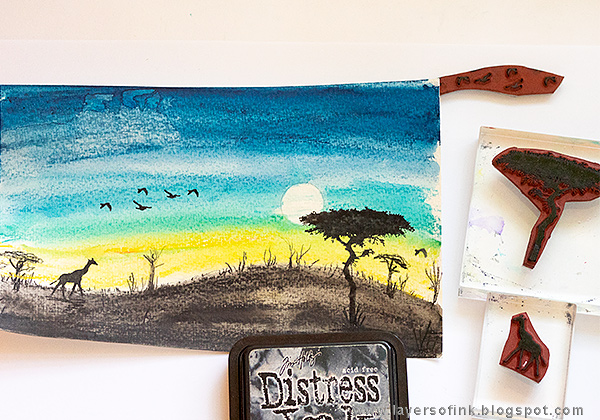 Layers of ink - African Night Watercolor Tutorial by Anna-Karin Evaldsson with Darkroom Door African Trees stamps