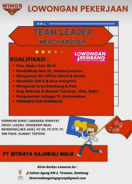 Lowongan Kerja Pegawai Team Leader Merchandiser Gudang Wings PT Intidaya Rajawali Mulia Rembang