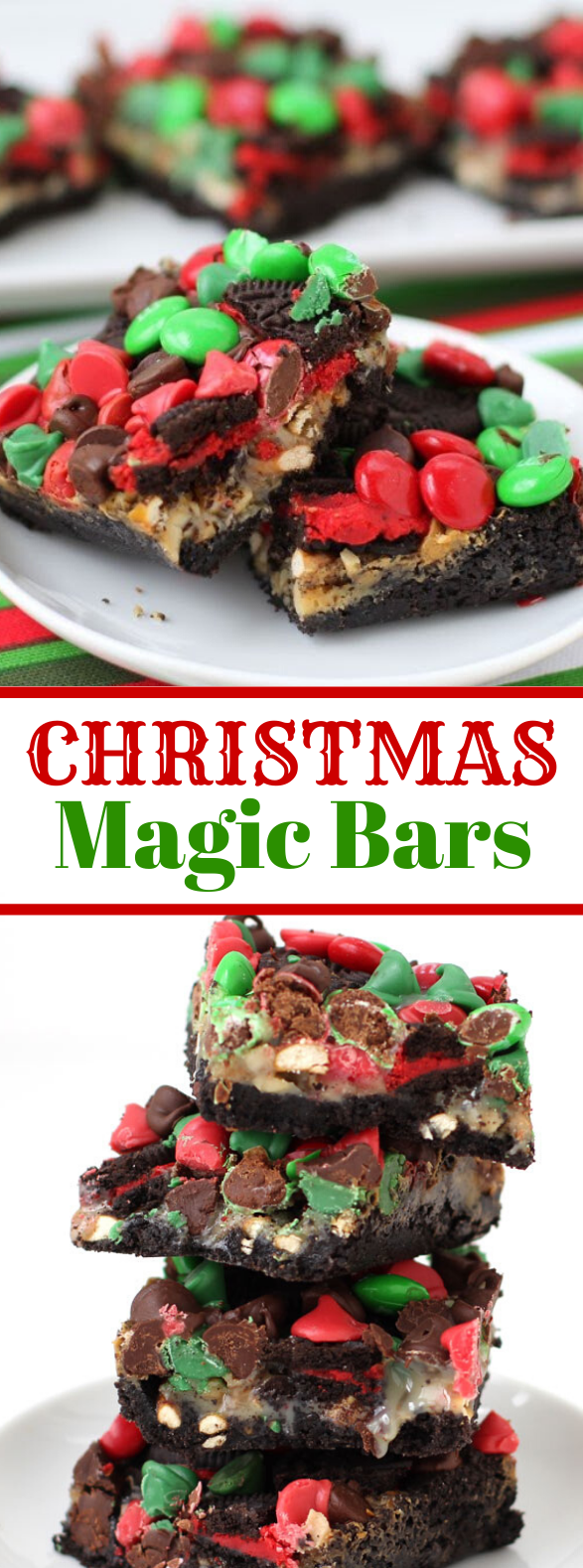 Christmas Magic Bars topped with Red and Green M&M Candies #desserts #holidayparty