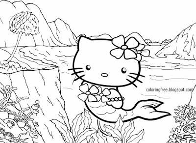 Hot tropical sea beach coastline mermaid Hello kitty coloring page cute printables for teenage girls