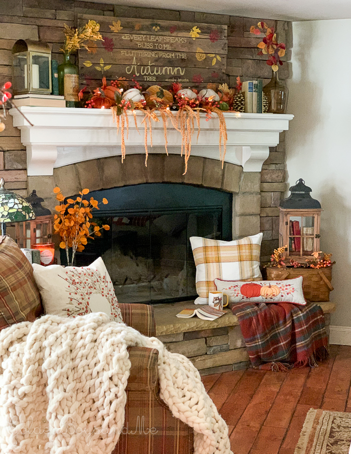 Fall decor, fall mantel in rustic style famiy room with stone fireplace - www.goldenboysandme.com