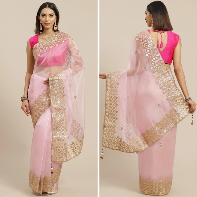 Buy Pink & Golden Embroidered Organza Saree, Buy Pink Organza Saree, Buy Pink Transparent Saree, Buy Organza Saree, Buy Organza Sarees Online Under Rs 2000