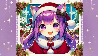 Uśmiechająca się anime dziewczyna z fioletowymi włosami i uszami kota w świątecznym stroju Mikołaja.
