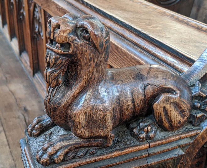 A wooden carving of a heraldic beast