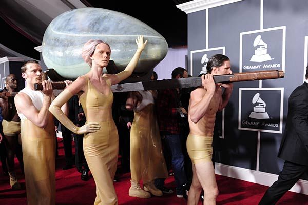 Lady Gaga arriving in an egg.