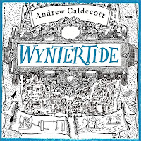 Wyntertide audiboook cover. An inricate map illustrated by Sasha Laika in black and blue.