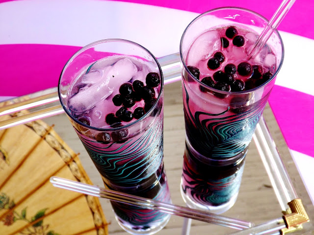 Wild Blueberry Fizz Cocktail Recipe in hand painted glasses by Mary Elizabeth on Gift Style Blog Gave That