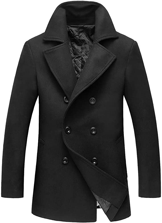 Best Men's Classic Notched Collar Double Breasted Wool Blend Pea Coat