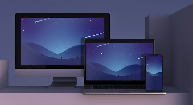 Minimalist illustration of nature night in blue shades, birds flying and stars in the sky. It's a multi-device wallpaper for PC, Phone, and Tablet (iPad). Free download in high-quality HD/4K/8K.
