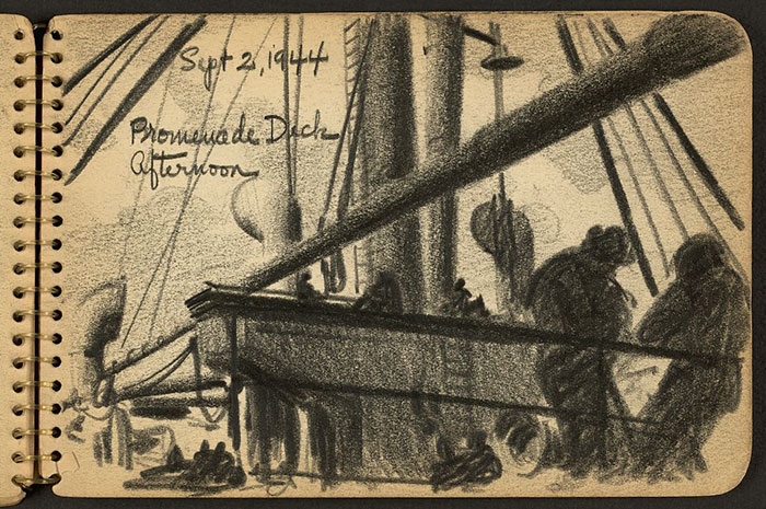 21-Year-Old WWII Soldier’s Sketchbooks Show War Through The Eyes Of An Architect - Soldiers On Deck Of Ship