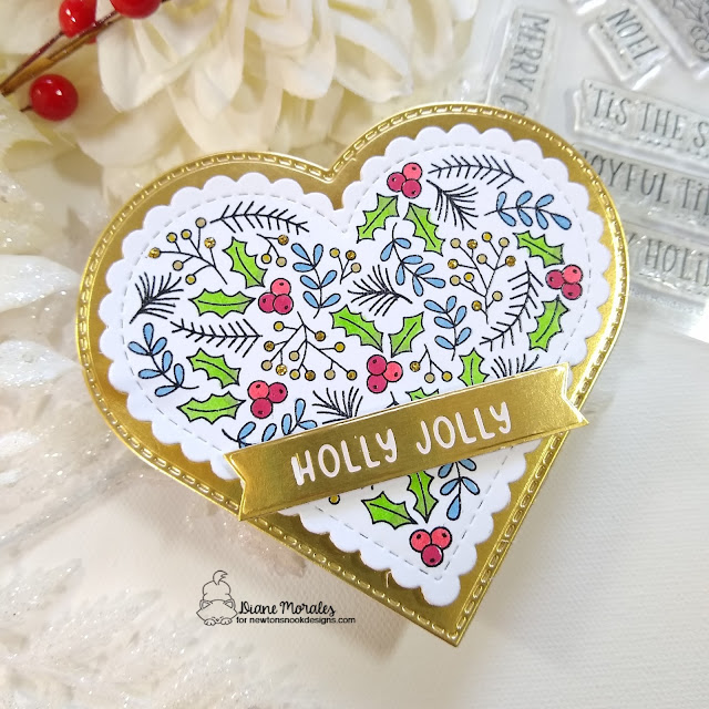 A Jolly Heart Shaped Holiday Card by Diane Morales | Heartfelt Holidays Stamp Set, Heart Frames Die Set, Holiday Greetings Hot Foil Plates and Banner Duo Die Set by Newton's Nook Designs #newtonsnook #handmade