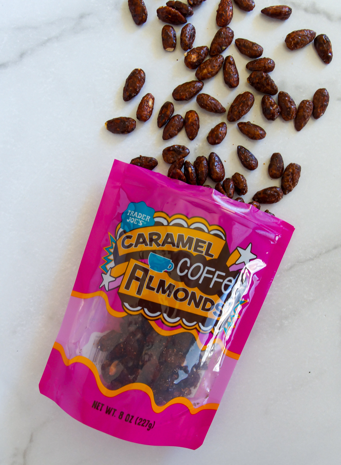 Trader Joe's Caramel Coffee Almonds spilling out of package