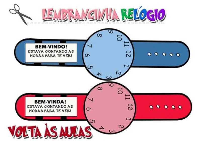 relógio de pulso de papel para lembrancinha de volta às aulas