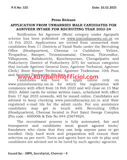 இந்திய ராணுவத்திற்கு அக்னி வீரர்கள் தேர்வு - தமிழ்நாட்டைச் சேர்ந்த 11 மாவட்ட இளைஞர்கள் விண்ணப்பிக்க அழைப்பு - APPLICATION FROM UNMARRIED MALE CANDIDATES FOR AGNIVEER INTAKE FOR RECRUITING YEAR 2023-24 - Press Release