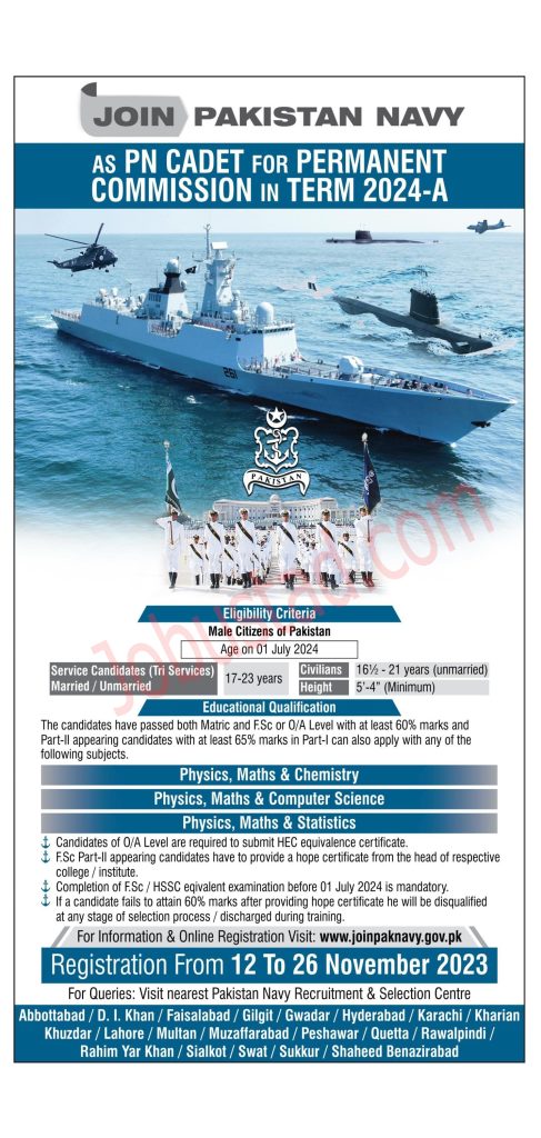 Pakistan Navy Permanent commission 2024 Online Apply | Pakistan Navy PN-Cadet Commission Term 2024-A Online Application