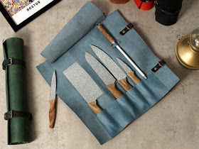 blue leather knife roll, unrolled