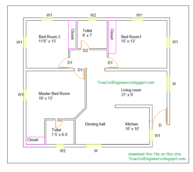  3BHK  residential building line plan  and its details with 