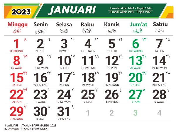 Kalender 2023 Indonesia Lengkap Jawa, Hijriyah, Hari Libur CDR - Bulan Januari 2023