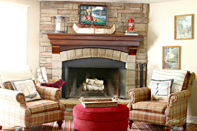 Stone fireplace with cabin style decor-www.goldenboysandme.com