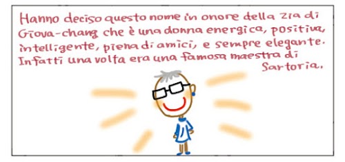 Hanno deciso questo nome in onore della Zia di Giova-chang che è una donna energica, positiva, intelligente, piena di amici, e sempre elegante. Infatti una volta era una famosa maestra di sartoria.