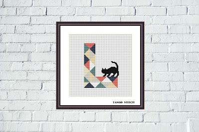 Letter L and curious black cat cross stitch pattern