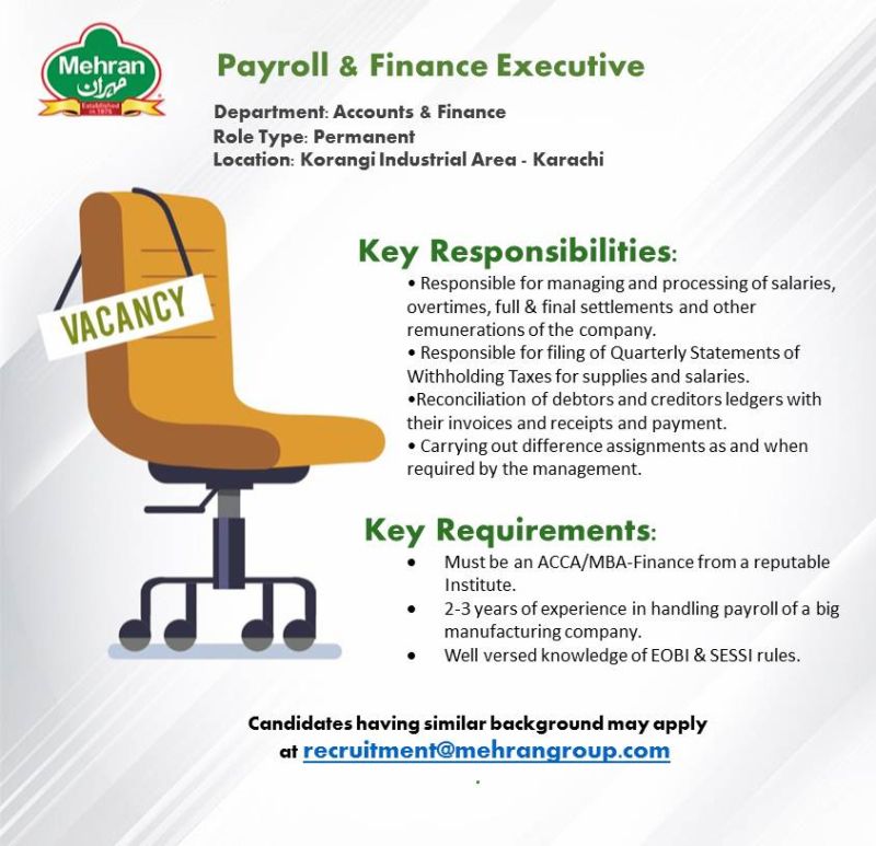 Mehran Group Jobs Payroll & finance Executive