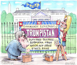 Picture of Bill Barr and Kellyanne Conway erecting a sign in front of the White House.  Over the White House flies a flag reading 