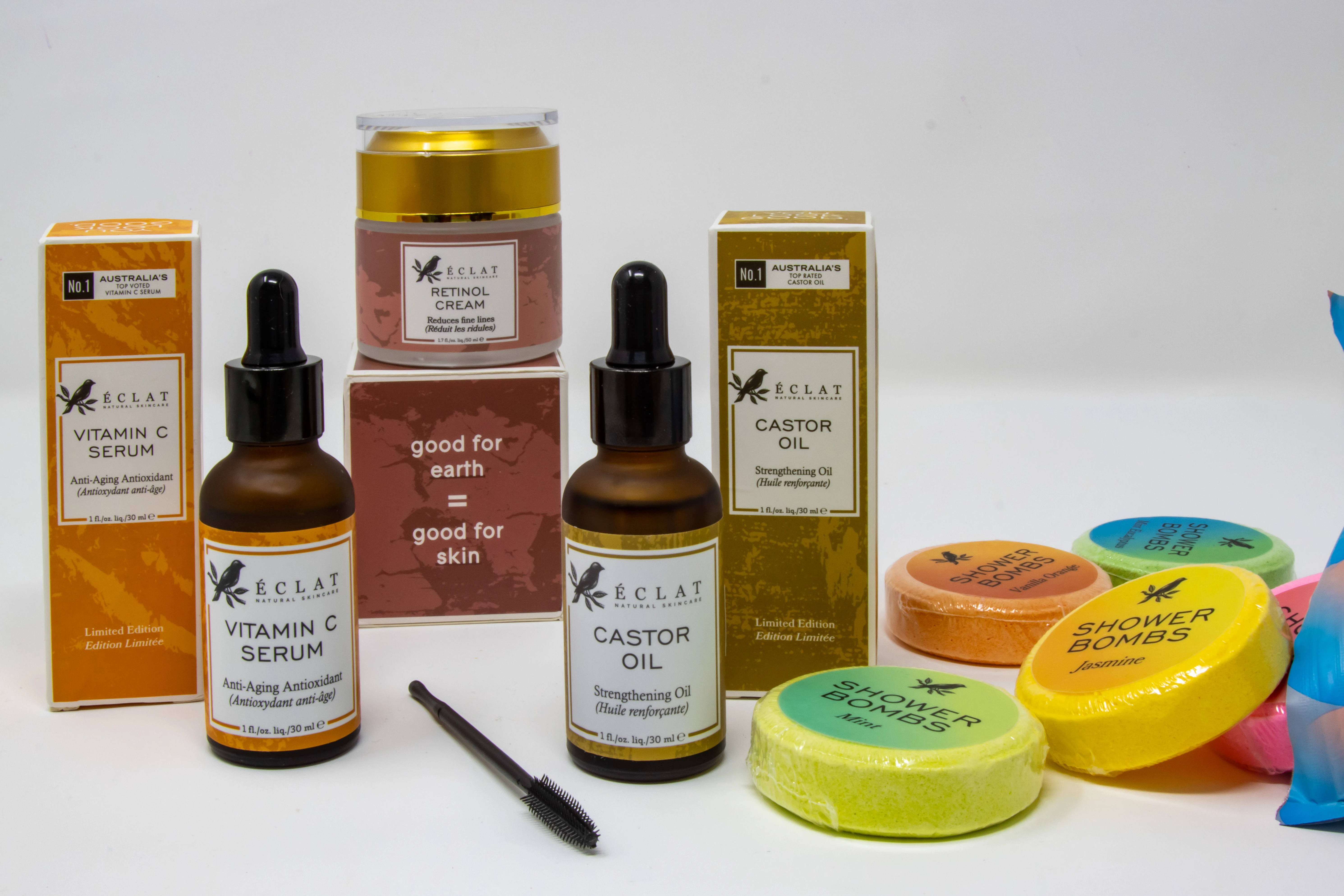 A selection of beauty products including Vitamin C Serum, Retinol Cream and Castor Oil