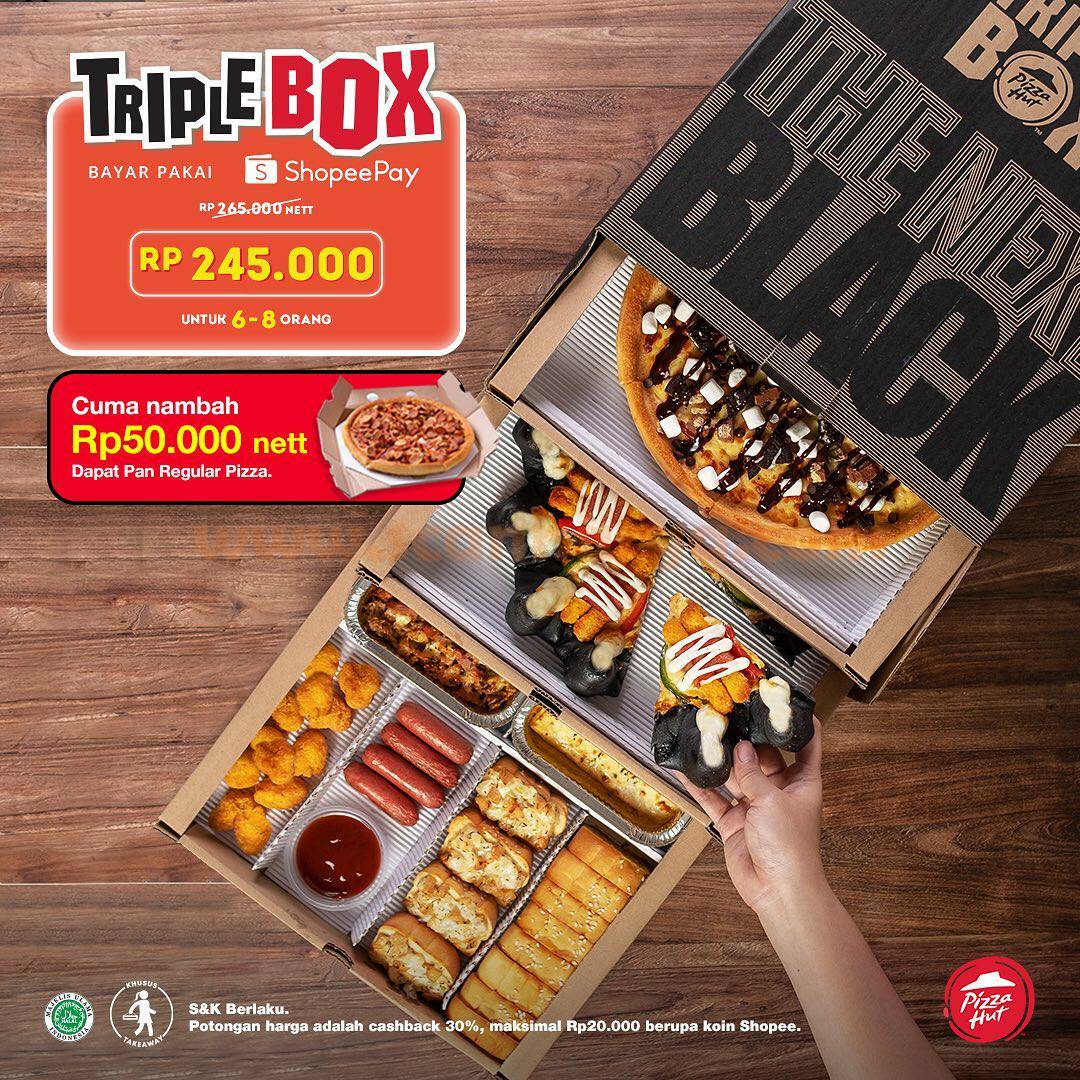 PIZZA HUT Promo Triple Box – Cuma tambah Rp 50.000 GRATIS Pan Reguler Pizza