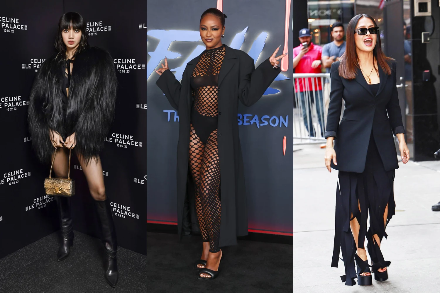 fashion collage with celebrities in all black outfits: Left to right: Lisa from Blackpink, Justine Skye, Salma Hayek