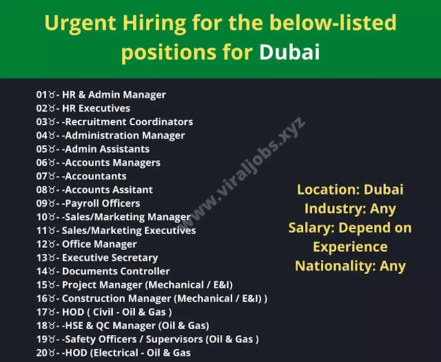 Urgent Hiring for the below-listed positions for Dubai