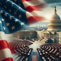 Uma visão do congresso americano com a bandeira americana em destaque