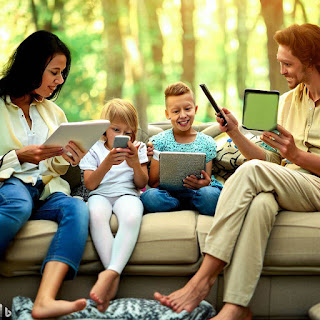 A picture that shows a family using electronic devices together, but in a conscious and healthy way, with parents guiding and interacting with their children. For example, a photo of a mother and father sitting on a couch with their children, all holding tablets or smartphones, but conversing about what they are watching or playing, or a photo of a family in a park, with children playing outdoors while parents closely monitor, with electronic devices in the background. This photo could be accompanied by a caption that reinforces the importance of parental guidance and the conscious and healthy use of technology.