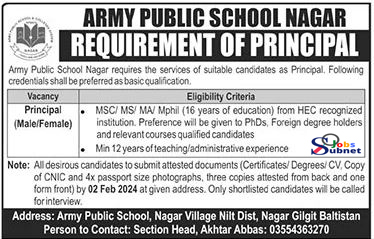 Principal Required At Army Public School APS  2024