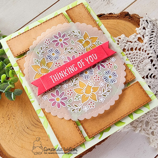 Thinking of You Card by Amanda Wilcox | Floral Roundabout Stamp Set, Circle Frames Die Set, A2 Card Layout Die Set, Banner Trio Die Set and Trailing Leaves Stencil by Newton's Nook Designs #newtonsnook #handmade