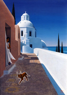 cyclades,peinture à l'huile,marelle,chat