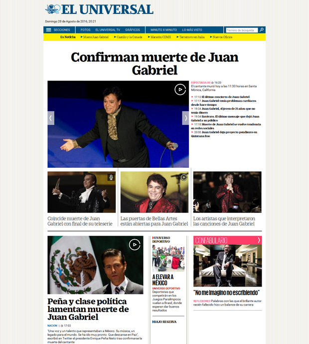 Reacciones: el repentino fallecimiento de Juan Gabriel; las notas en diversos medios digitales | Ximinia