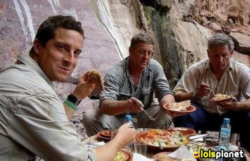 This picture truly describes the reality in the tv show manvswild, i think this may be true. that is funny too they eating all that food behind the cameras. funny reality.